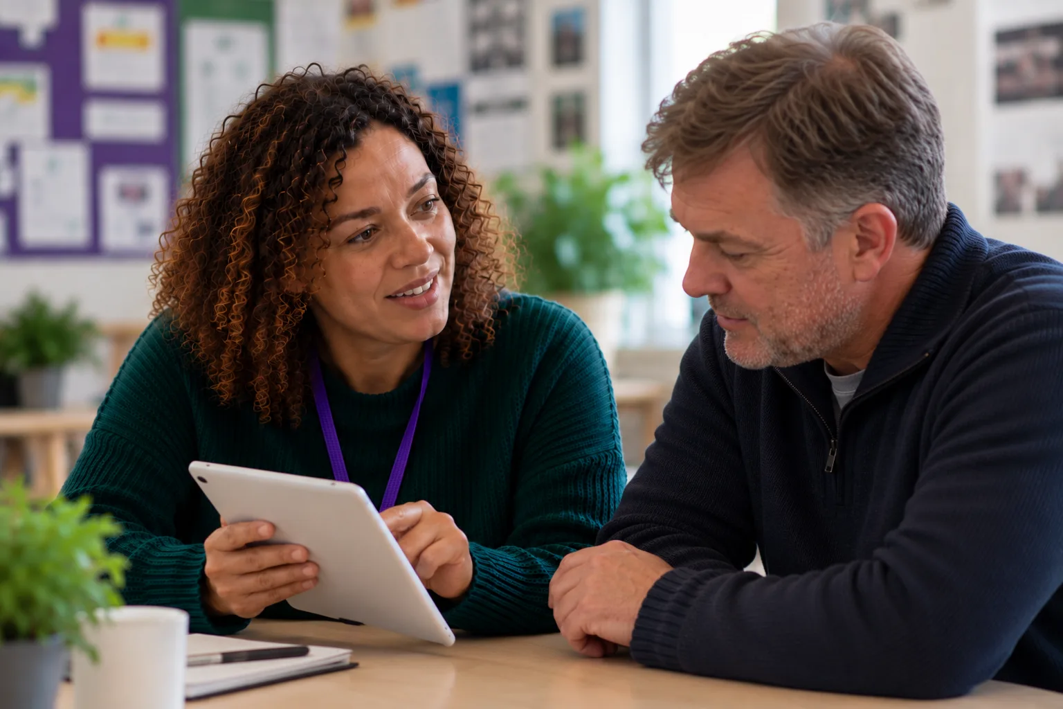 A support adviser talking with someone across a table