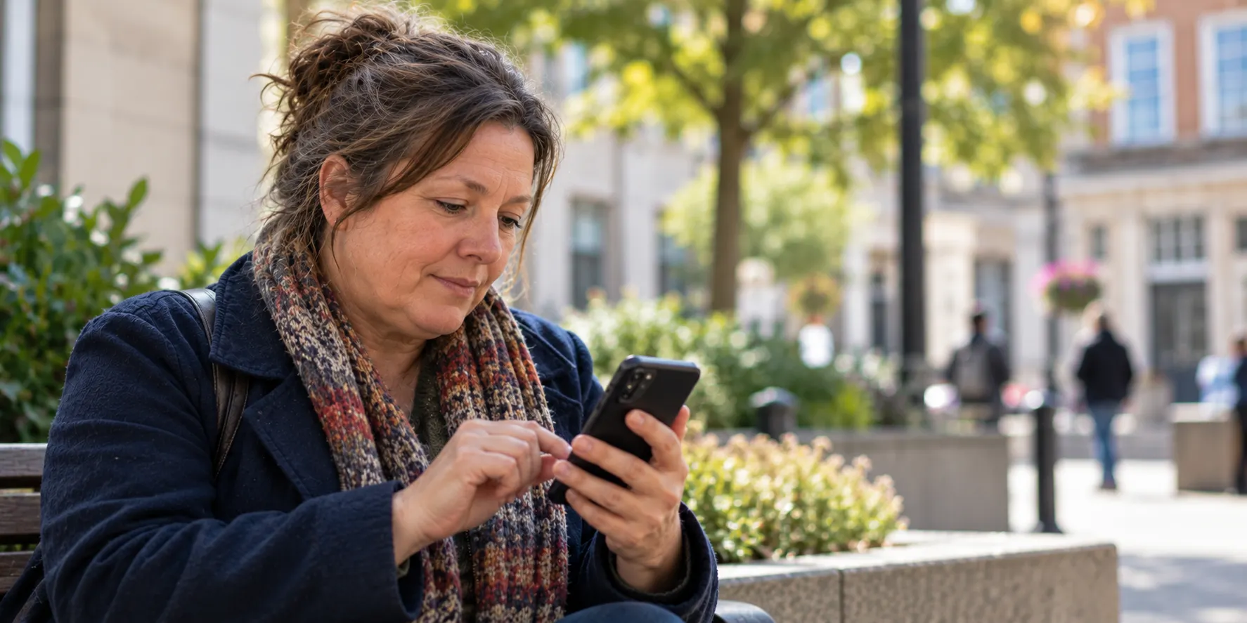 A resident using her phone outdoors near a council building