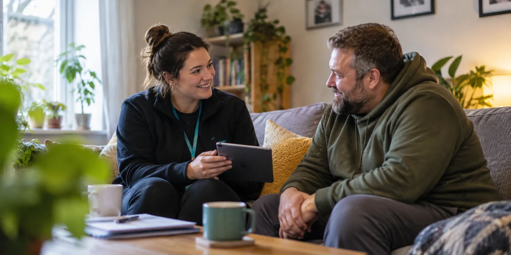 A housing support worker speaking with a resident at home