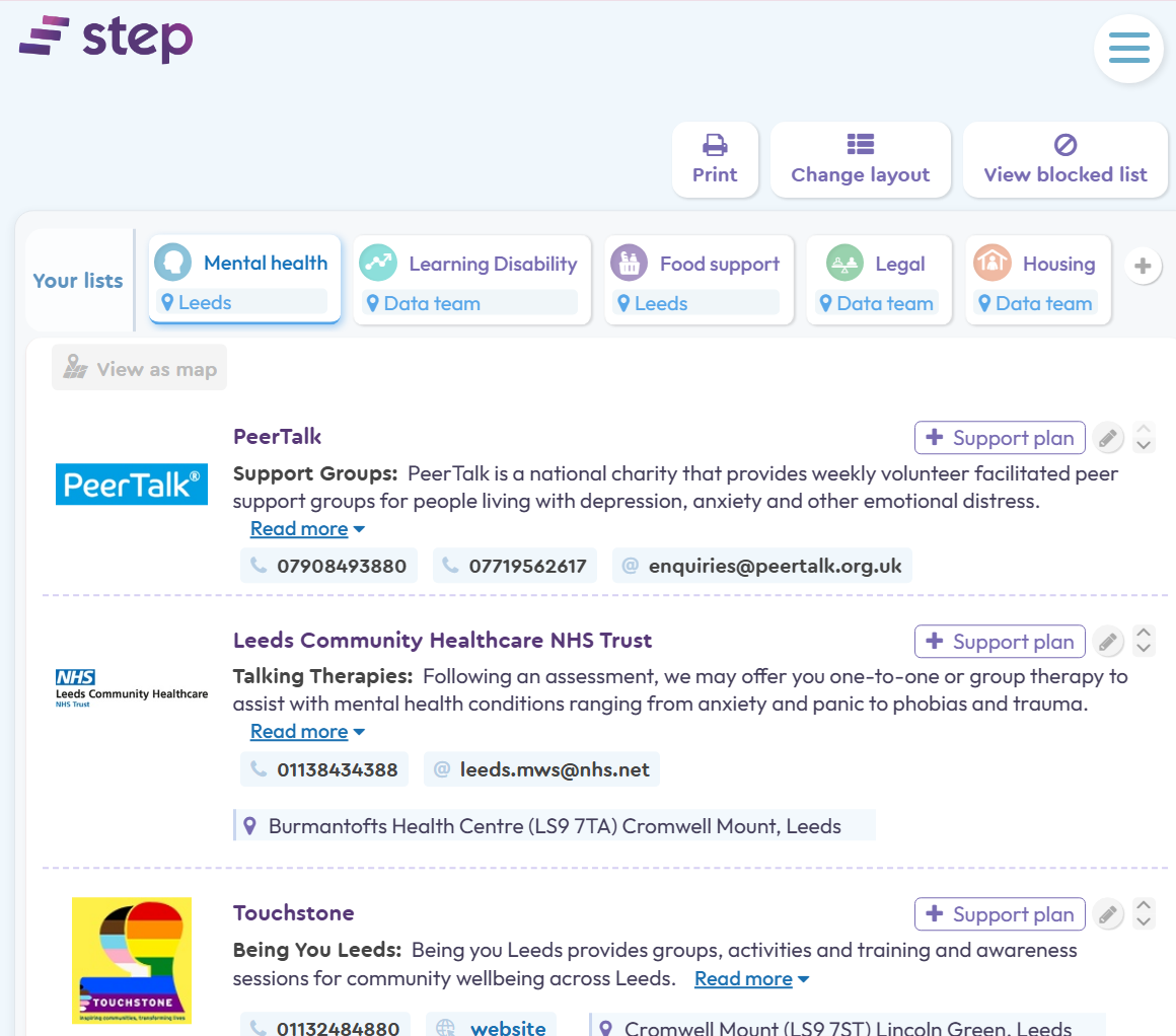 Step signposting lists showing local services and options to view them on a map