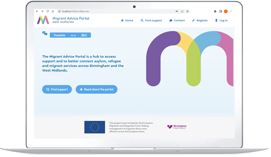 Migrant Advice Portal website shown on a laptop