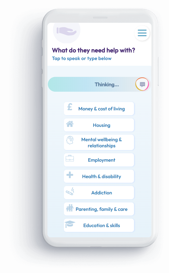 Step signposting interface showing support topics on a mobile phone